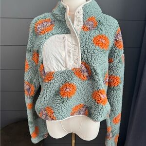 PacSun Butterfly Garden Sage Green Fleece Pullover Jacket Orange Floral Accents
